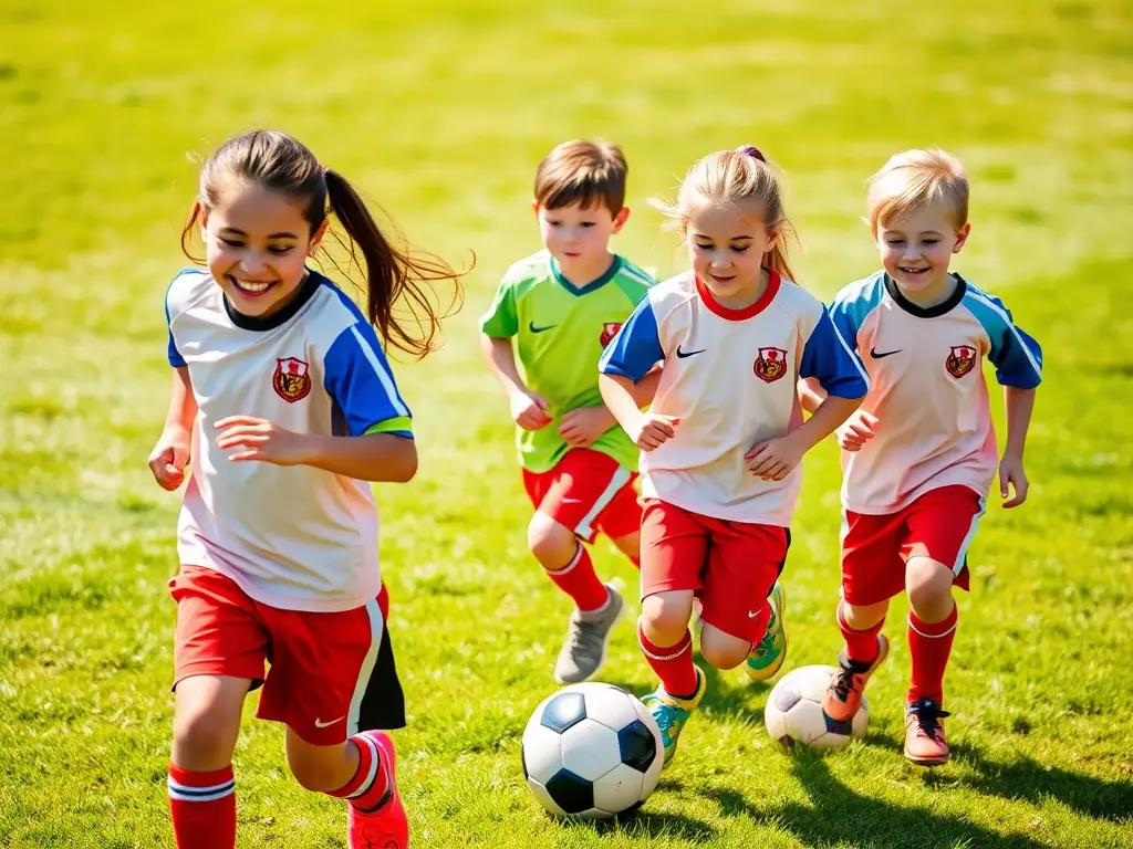 A vibrant image of children and teenagers participating in a soccer match on a sunny field, showcasing energy and teamwork.