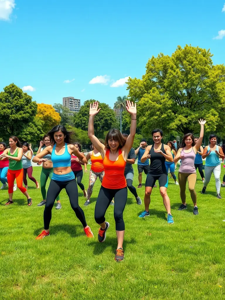 A diverse group of individuals participating in a community fitness class, emphasizing inclusivity and promoting a healthy lifestyle at Club Sportif Argentais.