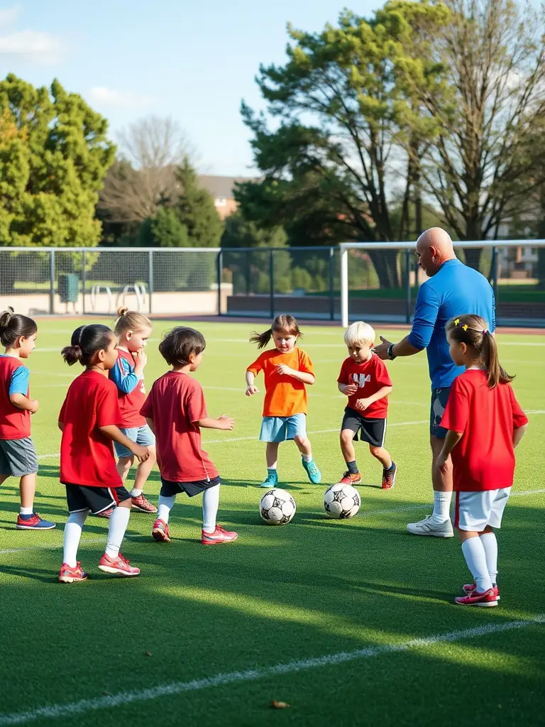 A group of young children participating in a soccer training session, wearing sports uniforms and practicing drills under the guidance of a coach at CLUB SPORTIF ARGENTAIS.