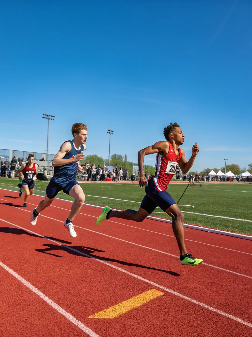 An action shot of athletes competing in a track and field event, demonstrating speed, agility, and determination at Club Sportif Argentais.