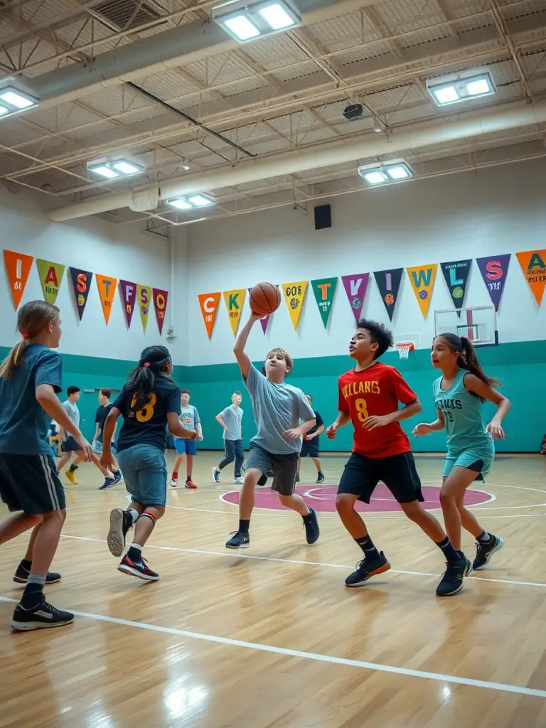 A dynamic image of participants engaged in a basketball game, highlighting coordination, strategy, and competitive spirit at Club Sportif Argentais.