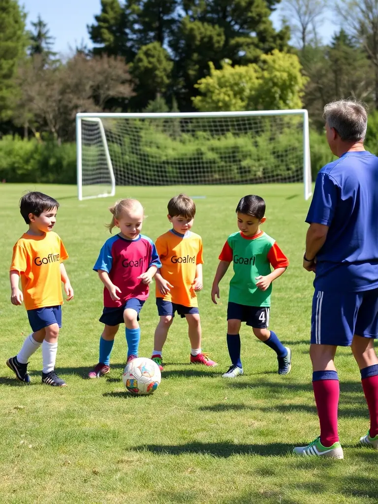 A vibrant image of young athletes participating in a soccer training session, showcasing teamwork and skill development under the guidance of a coach at Club Sportif Argentais.