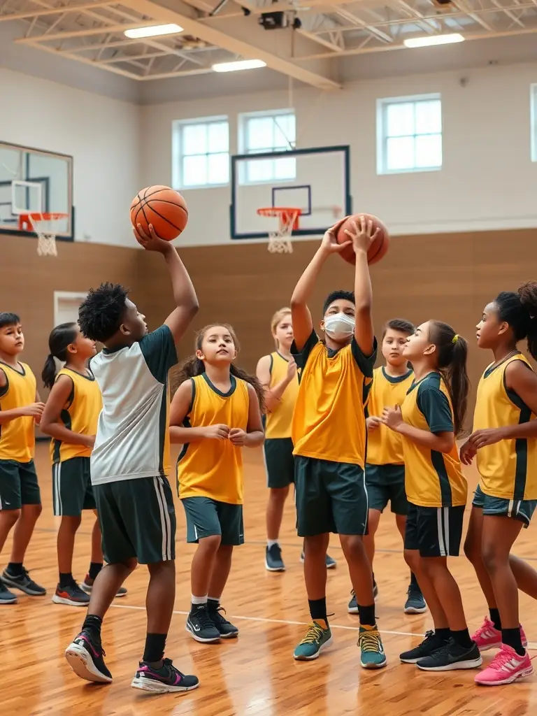 Teenagers playing basketball in an indoor court, focusing on teamwork and strategic plays during a training session organized by CLUB SPORTIF ARGENTAIS.