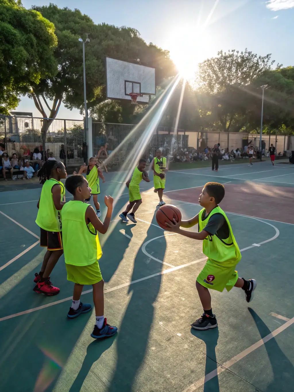 A photo of young athletes learning teamwork and strategy during a basketball training session, emphasizing the importance of discipline and collaboration.