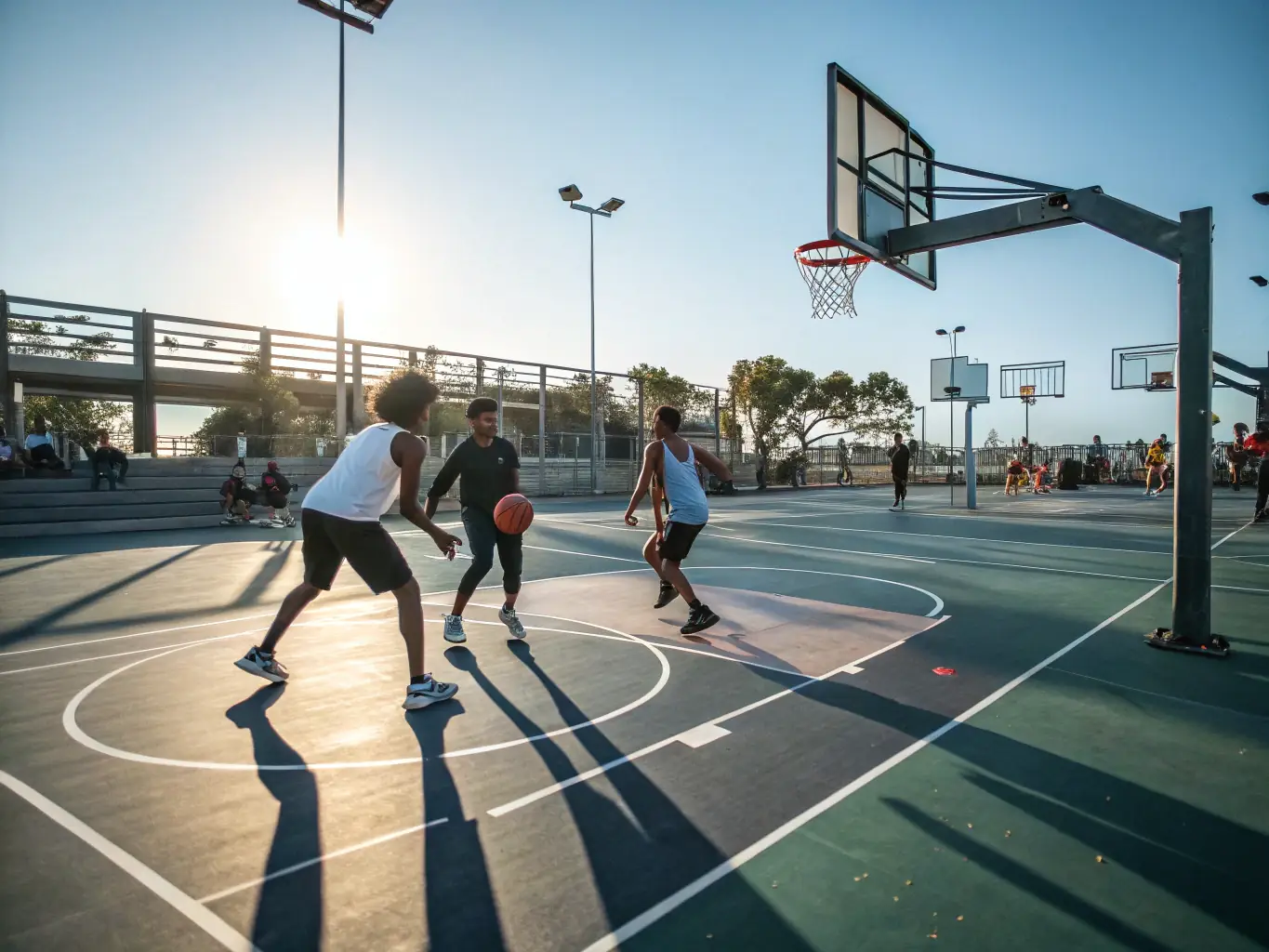 An action shot of adults participating in a local basketball tournament, demonstrating community engagement and competitive spirit.