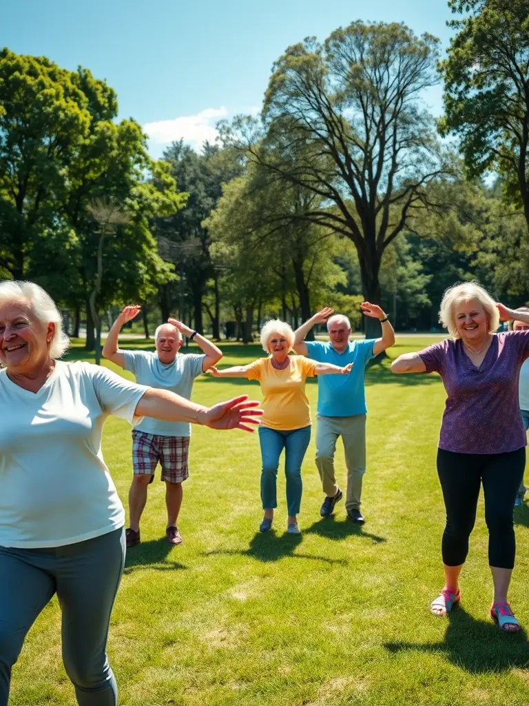 A group of seniors participating in a gentle exercise class, focusing on mobility and flexibility, led by a trainer at CLUB SPORTIF ARGENTAIS.