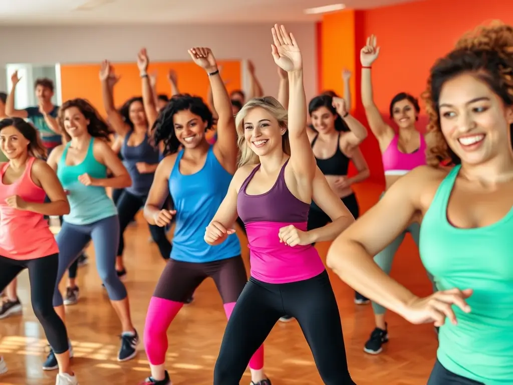 A dynamic image of participants engaged in a fitness class, highlighting the energy and community spirit of the fitness programs offered at CLUB SPORTIF ARGENTAIS.