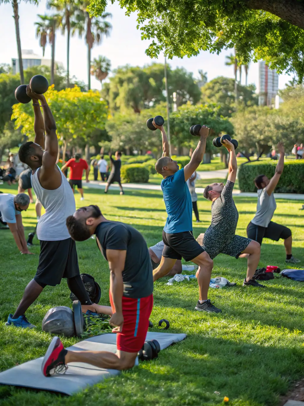 Adults participating in a fitness class outdoors, performing exercises under the guidance of an instructor in a park setting organized by CLUB SPORTIF ARGENTAIS.