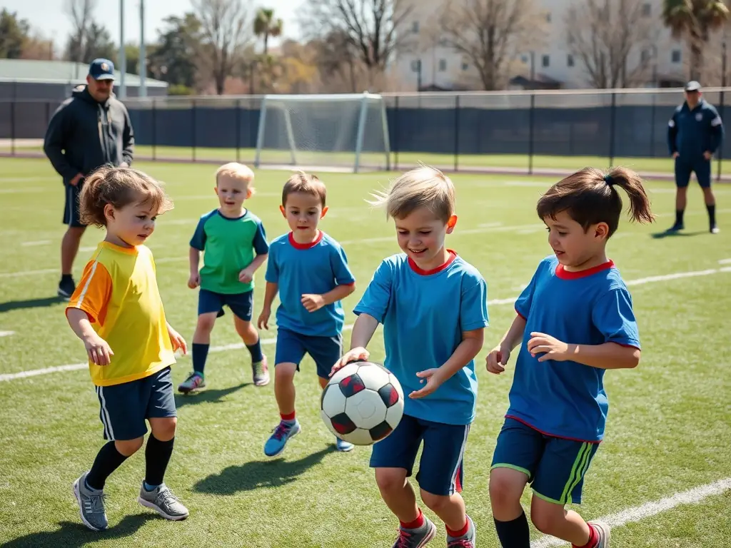 A vibrant image of children participating in a soccer training session, showcasing teamwork and active engagement under the guidance of a coach at CLUB SPORTIF ARGENTAIS.