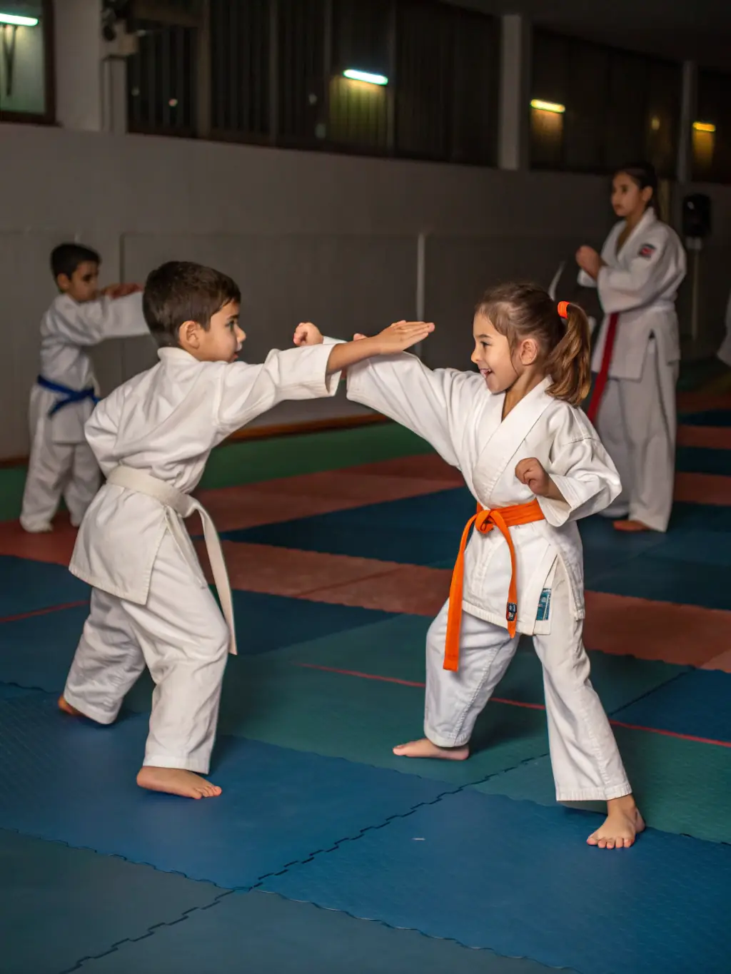 A group of children practicing martial arts, demonstrating discipline and focus under the instruction of a qualified instructor at Club Sportif Argentais.