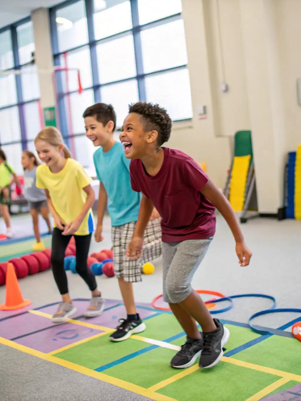 A dynamic image of children participating in a group fitness activity, showcasing the fun and energetic atmosphere of CLUB SPORTIF ARGENTAIS.
